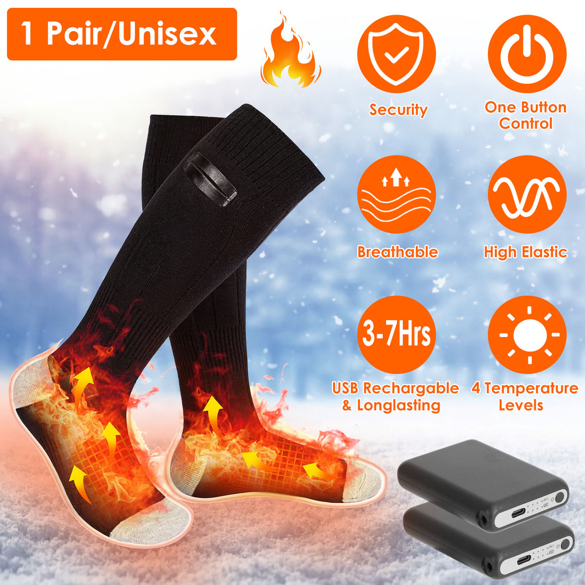Rechargeable heated socks with battery packs