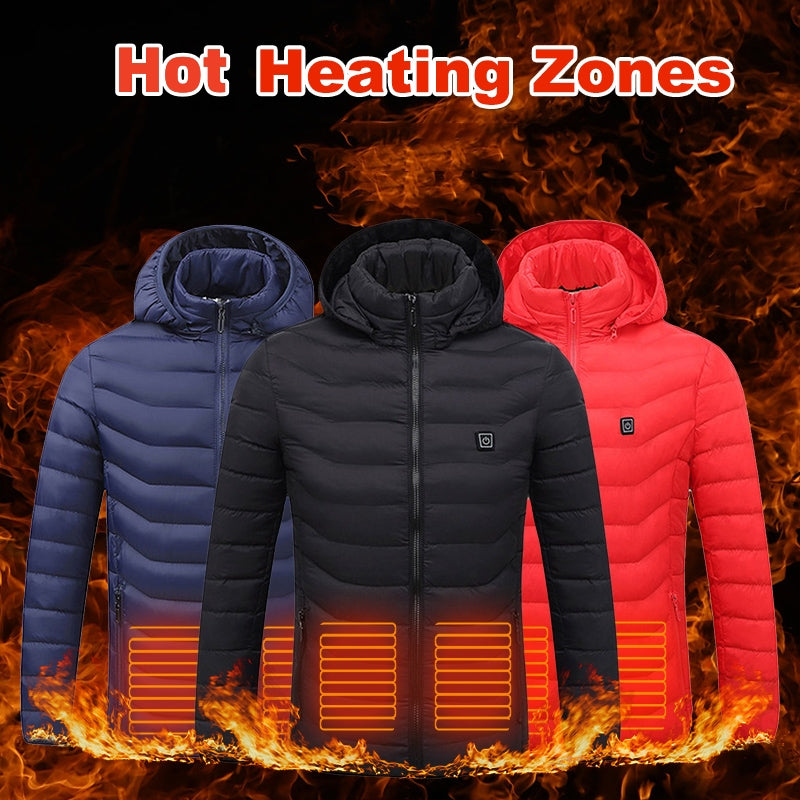 Men's USB heated jacket with removable hood